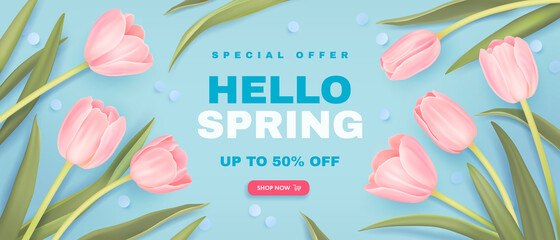 Spring special offer vector banner background with spring season sale text and tulip flowes. Can be used for web banners, wallpaper, flyers, voucher discount. Vector illustration - obrazy, fototapety, plakaty