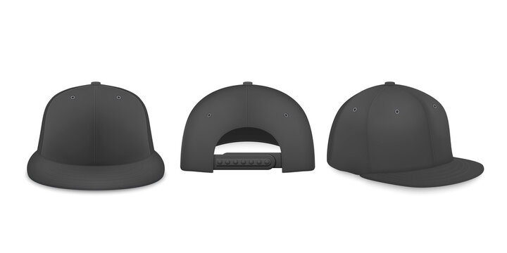 Vector 3d Realistic Black Blank Baseball Cap, Snapback Cap Icon Set Closeup Isolated on White Background. Design Template, Mock-up for Branding, Advertise. Front, Back, Side View