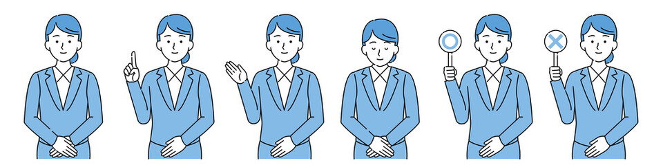会社員女性 上半身 シンプル イラスト セット 水色