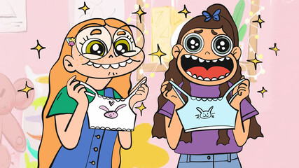 Young girls are happy because of new crop top shirts cartoon illustration