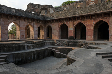 Jahaz Mahal is the most famous building in Mandu was built between two pools of water. Mandu, Madhya Pradesh, India.