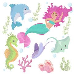 Cute cartoon mermaid with Pink Hair and Green tail. Marine animals and algae. A magical creature. Vector illustration isolated on white background.