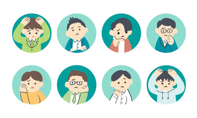 悩み、考え、困るビジネスマン達の丸アイコン