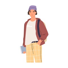 Portrait of happy modern man in trendy casual clothing. Smiling university student with book and backpack. Colored flat vector illustration of stylish guy isolated on white background