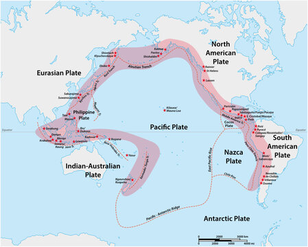 Vector map of the Pacific Ring of Fire with the main volcanoes 
