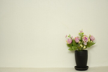 Fototapeta na wymiar pink flowers in a vase on white wall beautiful background