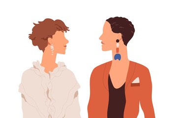 Profile portrait of lesbian love couple. Two modern women looking at each other. Girlfriends in trendy clothes. Colored flat vector illustration of colleagues isolated on white background