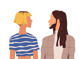 Couple of modern people isolated on white background. Portrait of woman with bob cut and long-haired man. Friends standing face to face. Colored flat vector illustration of two young friends