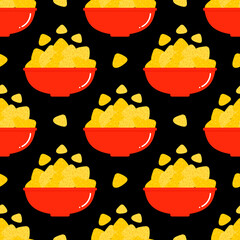 Traditional mexican snack nacho chips, tortilla chips in big red bowl vector cartoon style seamless pattern background.