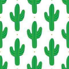 Cute cartoon style green cactus and dots vector seamless pattern background.