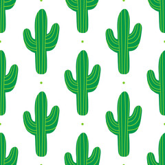 Cute cartoon style green cactus and dots vector seamless pattern background.