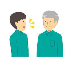 Two staff in work clothes : conversation