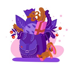 New year card. Cute backpack with presents and rabbit toy. Flat style. Vector illustration. Violet and pink colors. Plants and leaves decor. Cats disign.