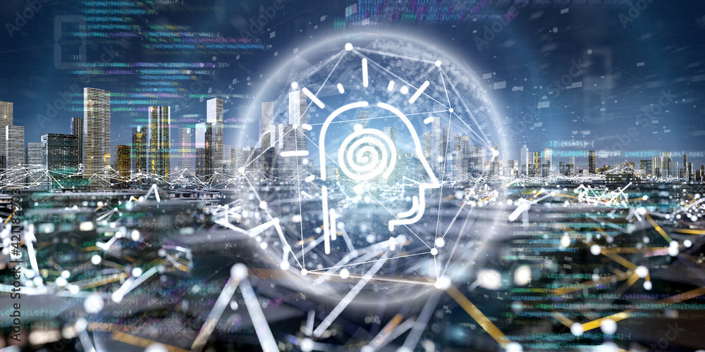Poster smart city with an artificial intelligence network and communication connection - 3d rendering