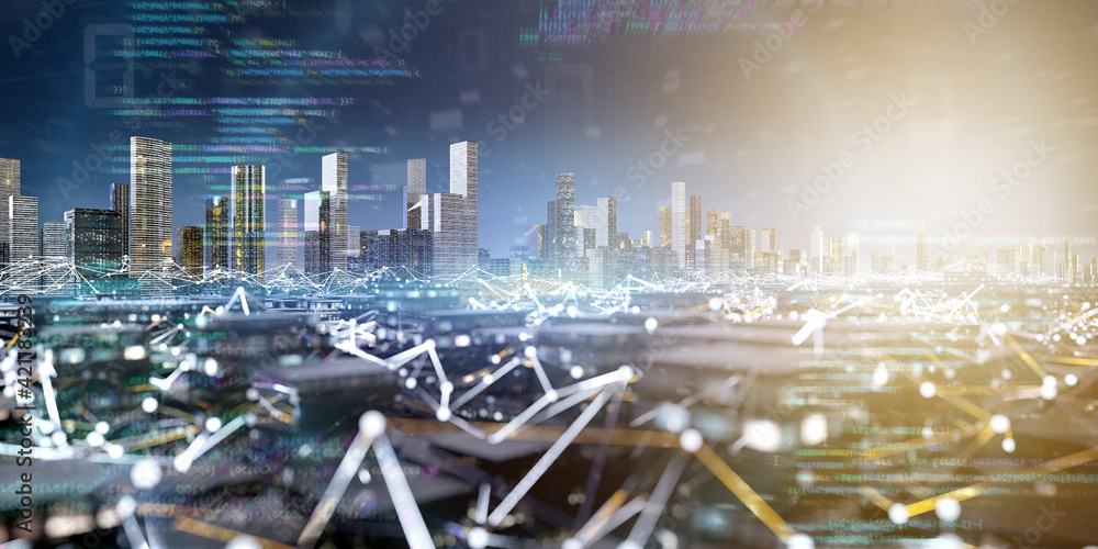 Poster smart city with network and communication connection - 3d rendering