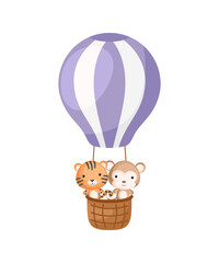 Cute little tiger, monkey fly on purple hot air balloon. Cartoon character for childrens book, album, baby shower, greeting card, party invitation, house interior. Vector stock illustration.