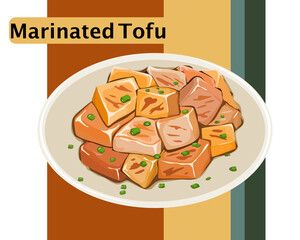 Isolated Marinated Tofu, fried tofu with sauce, maple syrup, sesame oils and garlics .Close up top view asian  food vector illustration on colorful retro background.  
