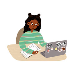 The student or pupil girl studies online and doing her homework. Online education, tutoring, working at home concept.