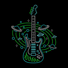 MUSIC UNIVERSE GUITAR WITH PLANETS NEON BADGE COLOR BLACK BACKGROUND