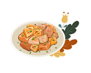 Isolated Marinated Tofu, fried tofu with sauce, maple syrup, sesame oils and garlics . A plate of asian food on background. Close up top view food vector illustration.  