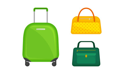 Wheeled Baggage and Hand Luggage or Carry-on Bag with Handle Vector Set