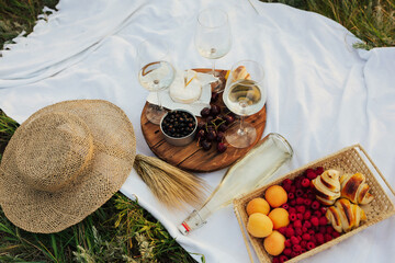 Picnic set with fruit, cheese, croissants and wine with a wicker basket, straw hat and a white blanket. 
Leisure and fun. 