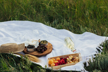 Beautiful summer celebration picnic in the park with tasty fresh fruits, croissants and wine....