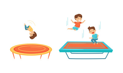 Excited Children Jumping on Trampoline Bouncing and Having Fun Vector Set