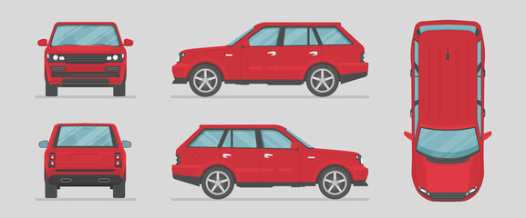 Vector SUV. Red car from different sides. Side view, front view, back view, top view. Cartoon car in flat style. © Rimsky