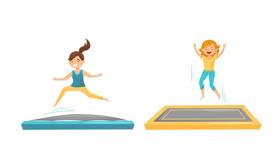 Excited Girls Jumping on Trampoline Bouncing and Having Fun Vector Set