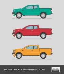 Papier Peint photo autocollant Course de voitures Urban vehicle. Pickup truck in 3 different colors. Cartoon flat illustration, auto for graphic and web design.