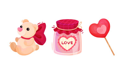 Saint Valentine Day Festive Attributes and Symbols with Heart Candy and Teddy Bear Vector Set