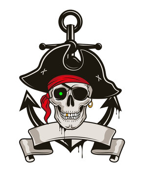 Pirate emblem with anchor and skull in a hat and eye patch. Vector hand drawn cartoon illustration isolated on white background