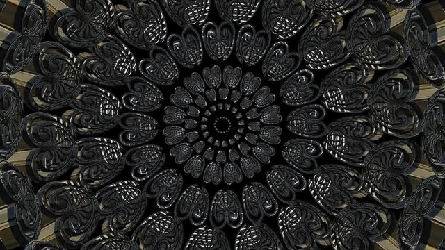 Royal pattern. 3D shapes laid out in circles. Gold and silver. Slowly float from the center. 3D kaleidoscope.