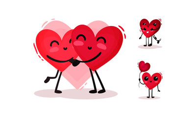 Humanized Red Hearts Holding Balloon and Embracing Vector Set
