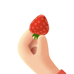 Strawberry in hand. Red and ripe strawberry in cartoon 3d hand. Appetizing fresh strawberry vector illustration.