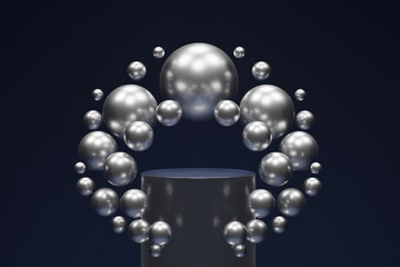 Podium on a dark blue background, surrounded by silver balls, 3d render