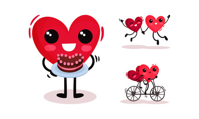 Humanized Red Hearts Holding Hands and Cycling Vector Set