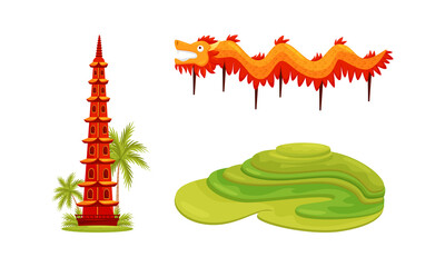 Vietnam Country Landmarks with Pagoda, Rice Paddy and Dragon Vector Set