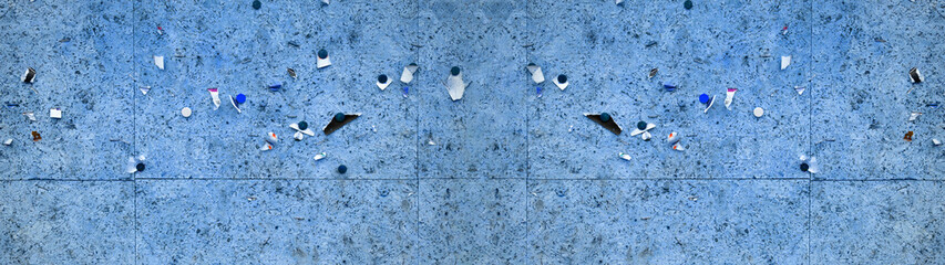 Old blue abstract dirty wooden advertisement billboard with staples and old torn paper posters texture background banner panorama