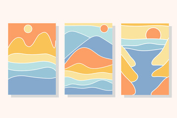 Abstract landscape. Nature, mountains, sea, moon. Fashionable trendy style, minimalism. Design for social networks, poster, banner, cover. Colored flat vector illustration. Set of three art prints