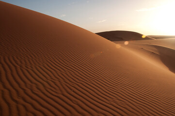 Fototapeta na wymiar Desierto en Merzouga Marruecos. Duna del desierto con marcas en la arena producidas por el viento y luz lateral del sol al atardecer
