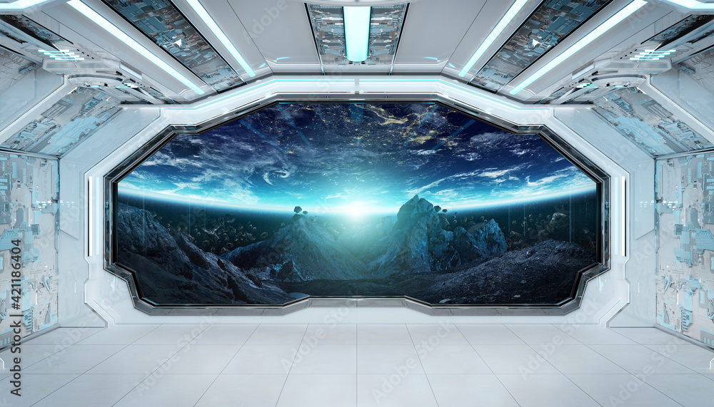 Poster White blue spaceship futuristic interior with window view on space and planets 3d rendering