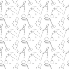 Manicure set, pattern. Seamless pattern with linear style manicure tools.
