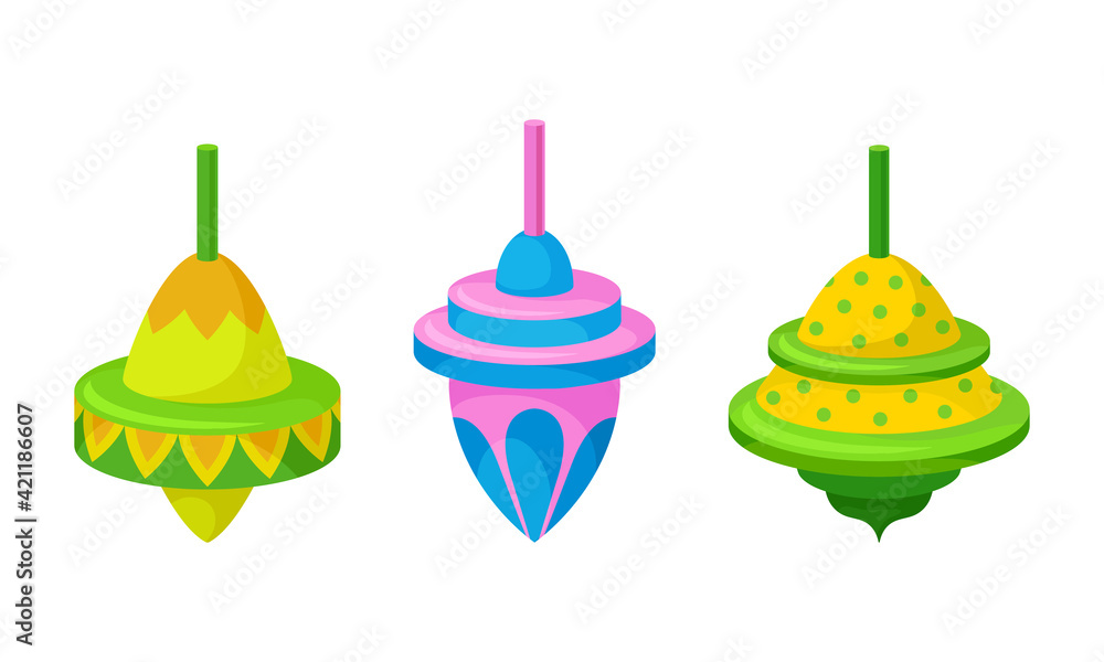 Poster spinning top as squat toy with sharp point at the bottom vector set