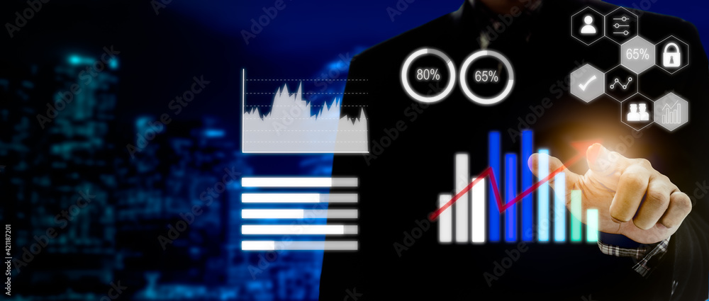 Poster businessman touching digital business icon, graph and chart network connection on modern virtual int