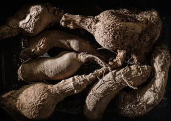 Obraz premium Old vegetables beets and radishes. Natural light. View from above. Natural farm products
