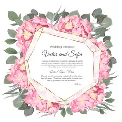Floral design for wedding invitation. Gold frame in the shape of a crystal, pink hydrangea, green plants, eucalyptus.