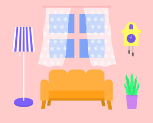 Colorful living room interior - window, sofa, plant, lamp and clock. Flat vector illustration.