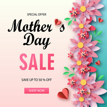 Mother s day sale banner with beautiful chamomile flowers. Paper cut style, digital craft style.
